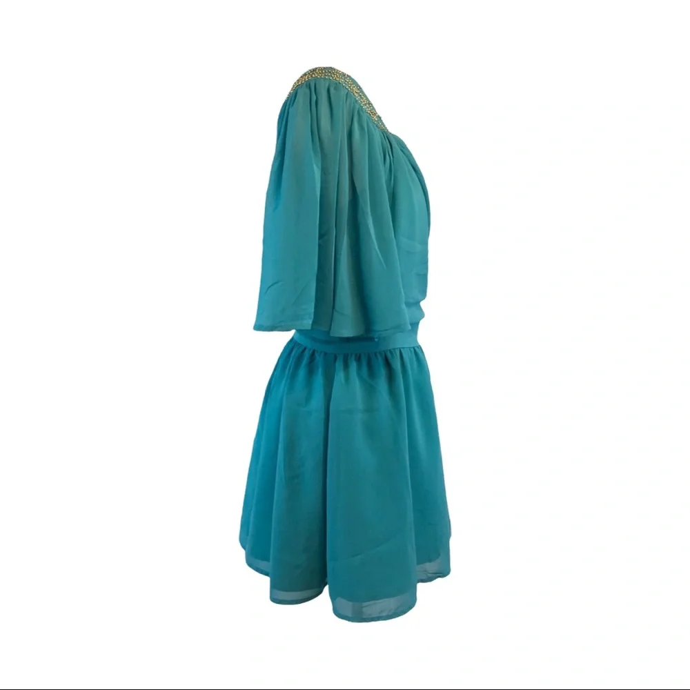 Umgee One Shoulder Chiffon Lined Dress Studded Accent Turquoise Size Small NWT - Picture 8 of 12